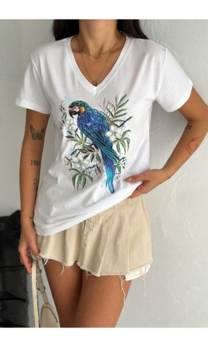 Mavi Papağan Desenli V-Yaka T-Shirt